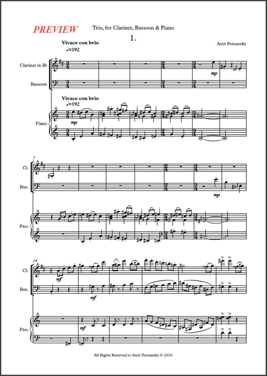 Trio for Bassoon & Piano [SCORE] Amit Poznansky Scores