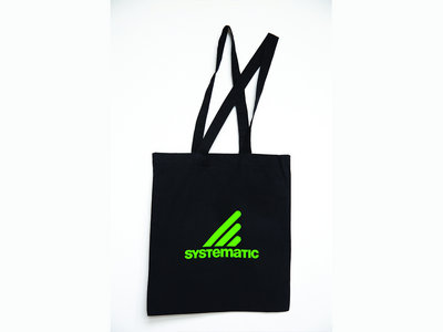 "Systematic" Black Cotton Tote Bag, Neon-Green Print main photo