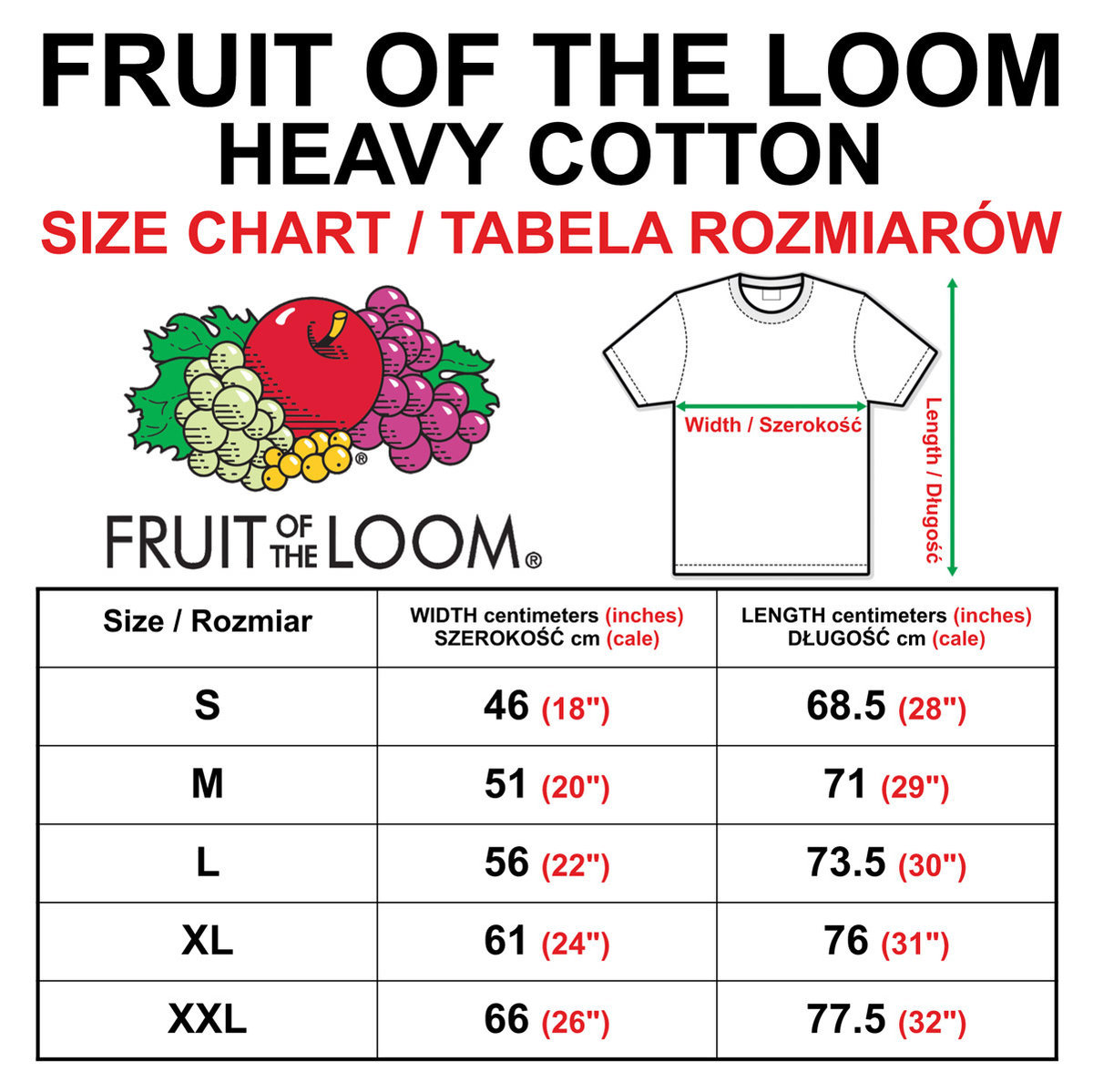 fruit of the loom hd cotton size chart