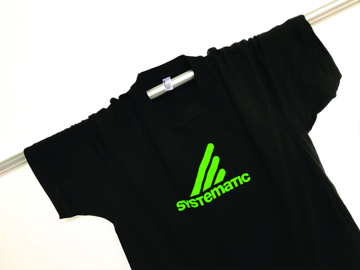 Black "Systematic" Cotton Tee, Neon-Green Print | Systematic Recordings