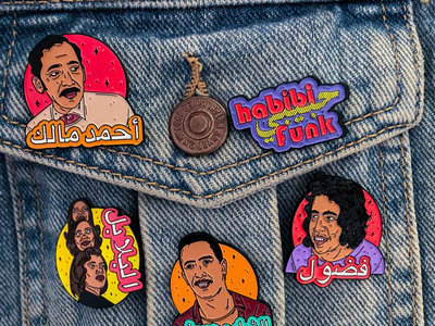 Set of 5 metal pins of Fadoul, Ahmed Malek, Cheb Hasni, Al Balabil and Habibi Funk logo main photo