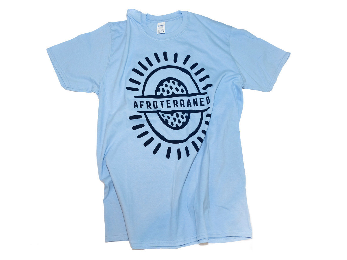 Afroterraneo light blue T-Shirt with dark blue logo | Afroterraneo Music