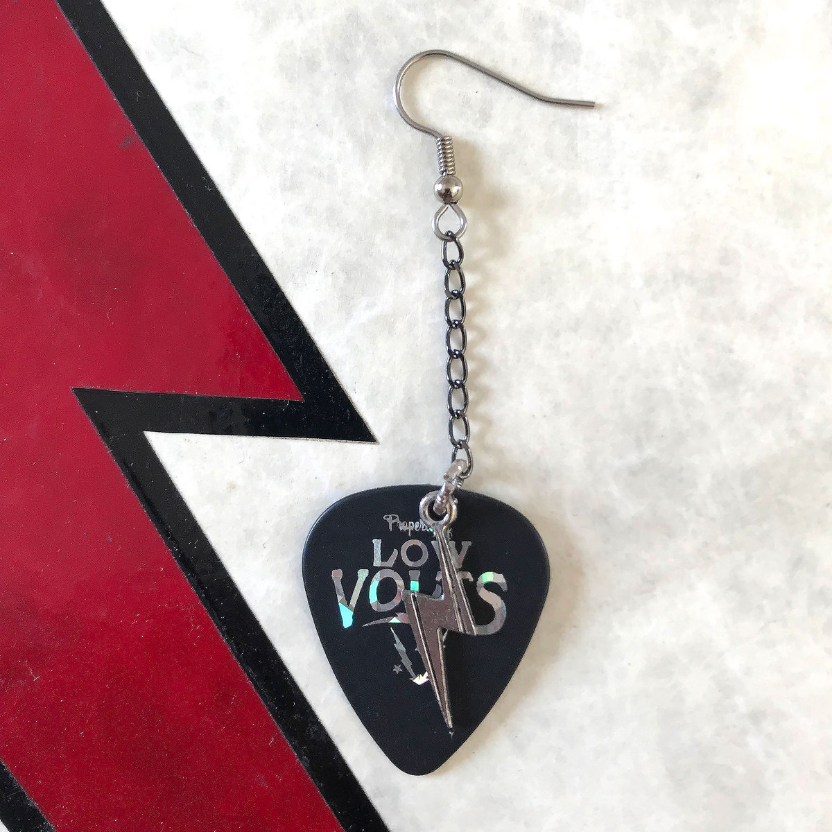 Holographic Guitar Pick Earring w/ Lightning Bolt Charm