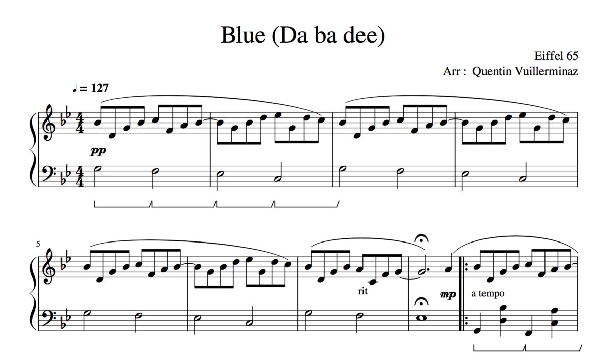 Piano score "Blue (Da ba dee)" - Eiffel 65 | Quentin Vuillerminaz