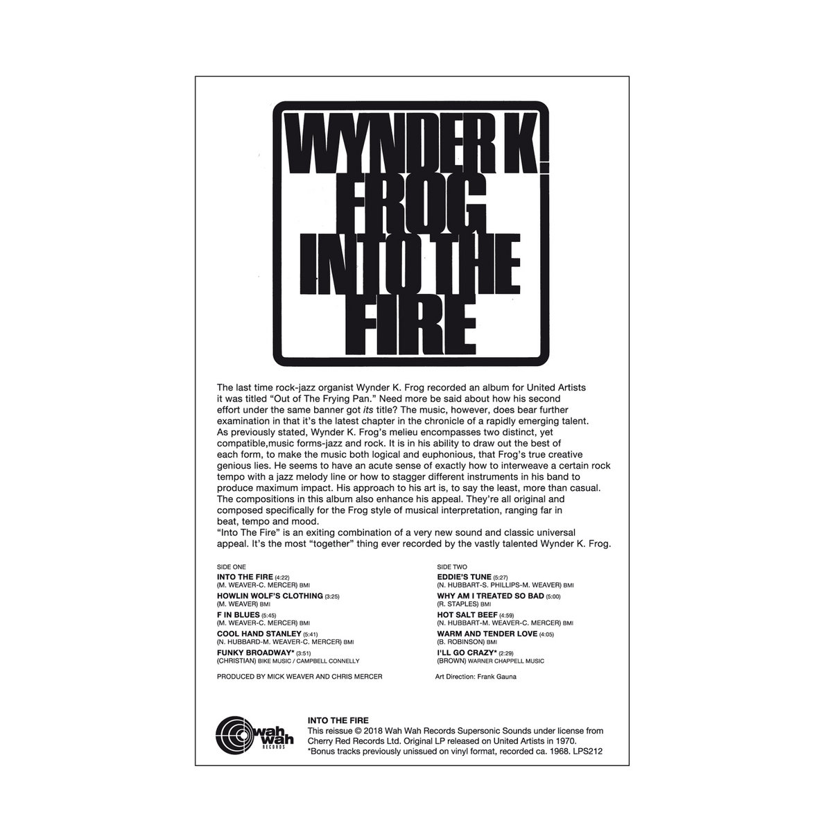 米LP Wynder K. Frog Into The Fire LPS212 Wah Wah Records /00260 Into The Fire | Wynder K. Frog | Wah Wah Records Supersonic