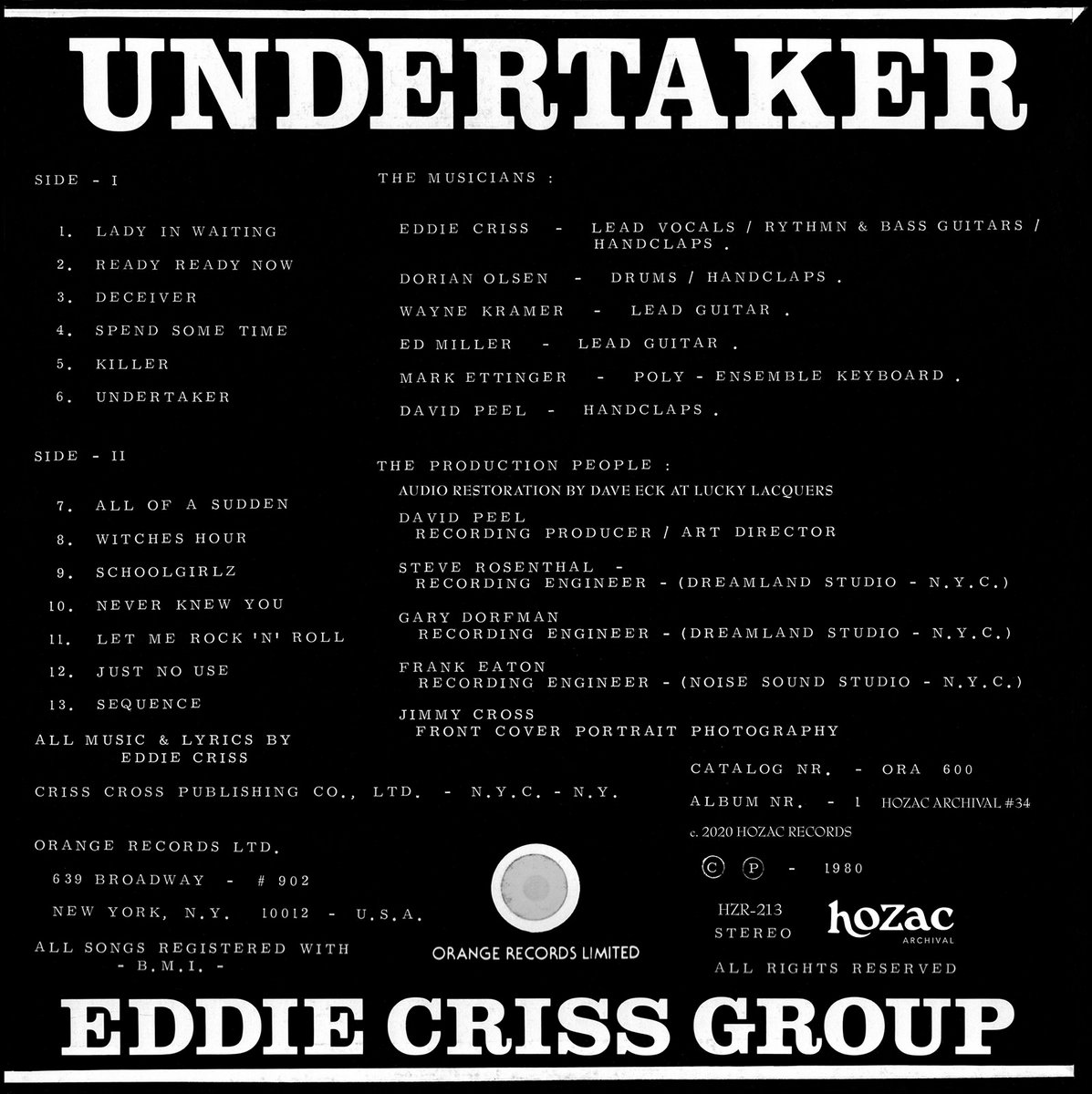Undertaker LP (1980 Archival) | Eddie Criss Group | HoZac Records