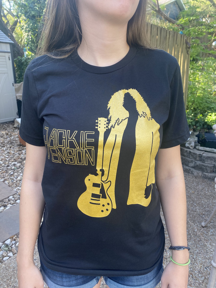 Black and metallic gold print t-shirt. The gold is not sparkly but a