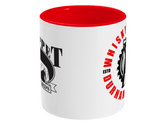 "Whisky Priests Estd 1985 Durham England" Logo with "Iron Man" Icon Design + Whippet Records Logo [2-sided Print] - Two-Toned Ceramic Mug (Red Handle & Inner) photo 
