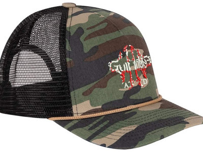 Camo retro rope trucker hat with Guillotine A.D. logo main photo