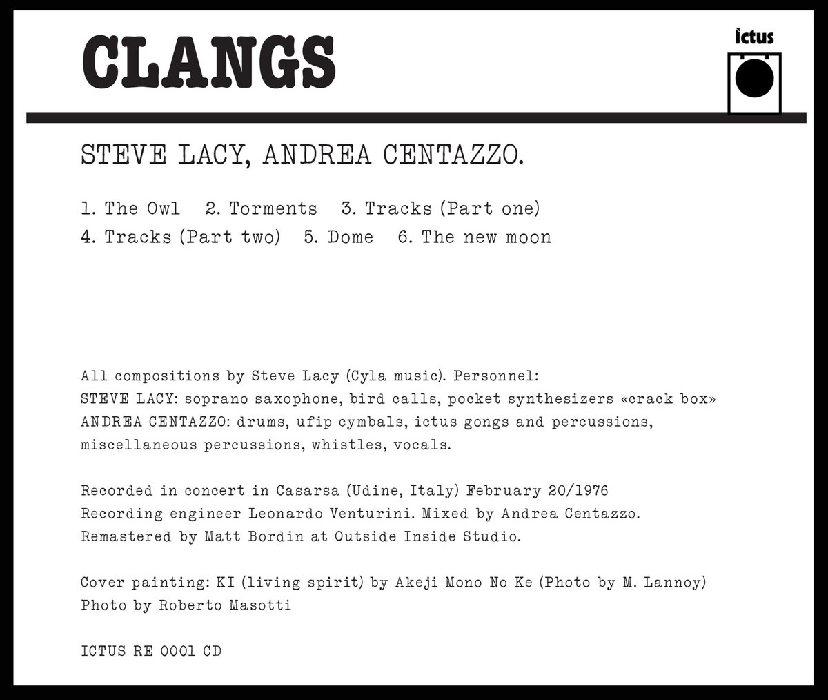 その他 LP Steve Lacy / Andrea Centazzo Clangs ICTUSRE0001 Ictus Records /00260 Steve Lacy / Andrea Centazzo – Clangs | Releases | Discogs