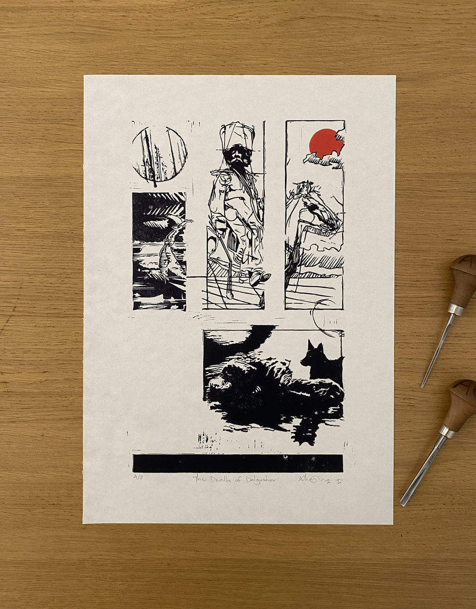The Death of Dolgushov Linocut Print | Humour