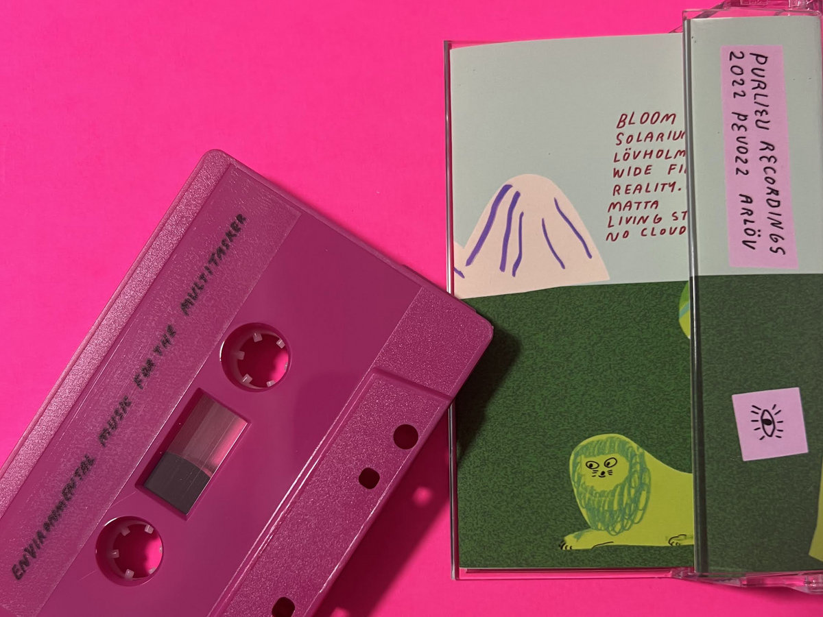 Photo of a purple cassette tape labeled &quot;Environmental Music For The Multitasker&quot;, along its J card showing the drawing of a lion and a mountain in the background.