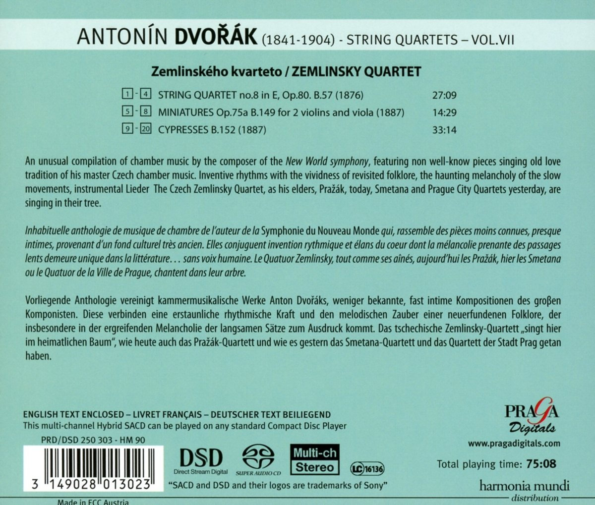 Antonín Dvořák: String Quartet No. 8, Miniatures, Cypresses Quartet |  Zemlinsky Quartet | Praga Digitals