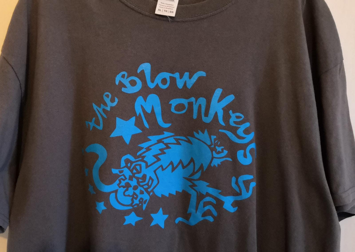 Blow Monkeys Logo T Shirt Charcoal with Blue Logo | The Blow Monkeys