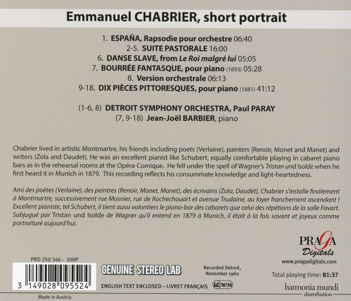 米LP Emmanuel Chabrier, Detroit Sym Espa?a / Danse Slave / F?te Polonaise / Suite Pasto SR90212 Mercury /00520 Chabrier, Detroit Symphony, Paul Paray – España / Danse