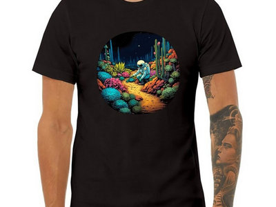 Cosmic Garden Oasis: Comic Book Illustration T-Shirt, Astronaut Gardener in Space on Bella Canvas 3001, Unisex (Please select BLACK or GRAY shirt in order notes) main photo