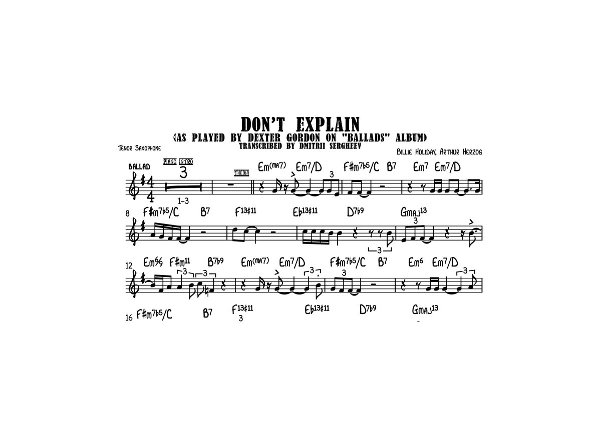 Dexter Gordon Solo Transcription on "Don't Explain" Dmitrii Sergheev