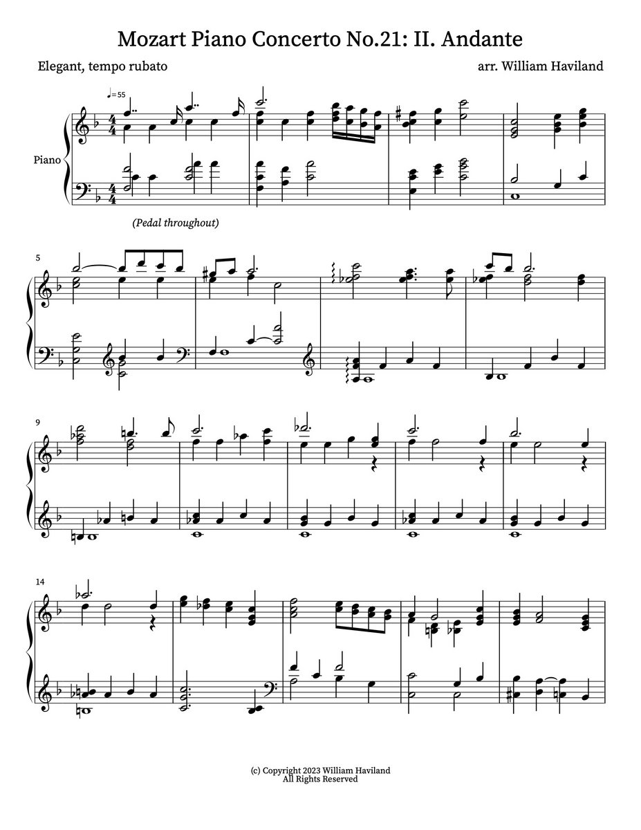 Mozart Piano Concerto No.21: II. Andante [PDF Score] | William