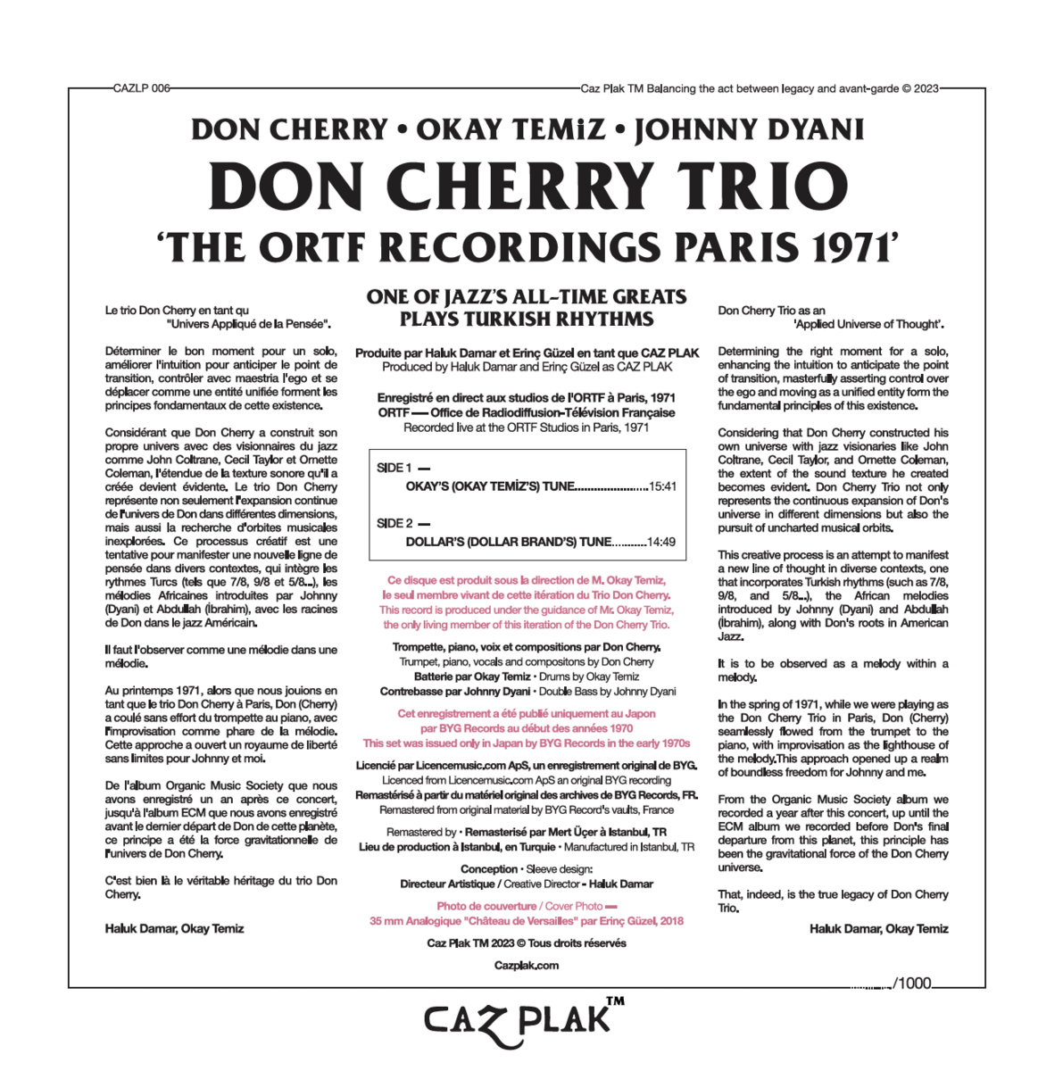 THE ORTF RECORDINGS - PARIS - 1971 | DON CHERRY TRIO | cazplak
