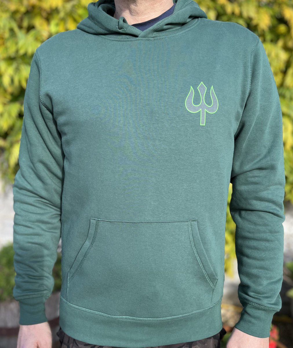 Bottle Green Hoodie with Trident (front left breast) and Acid Shiva ...