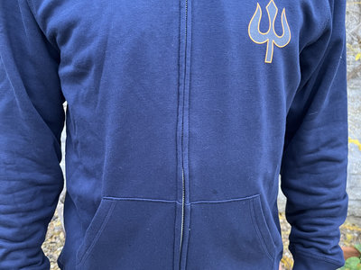 Navy Blue  Zip hoodie with Trident (left breast) and Acid Shiva print on reverse (orange) main photo