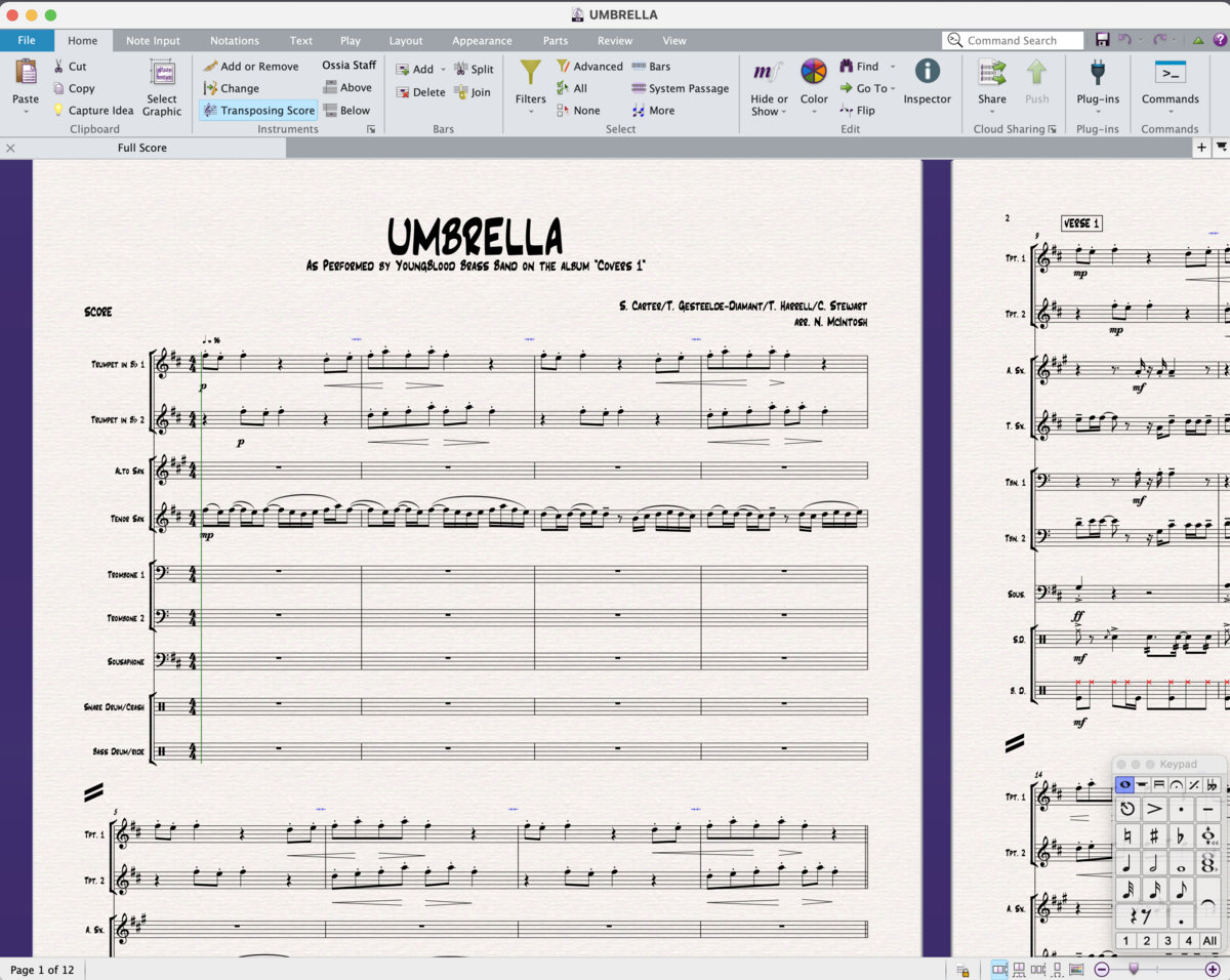 'Umbrella' Sheet Music Full Score/Parts + Notation Software Files (.sib