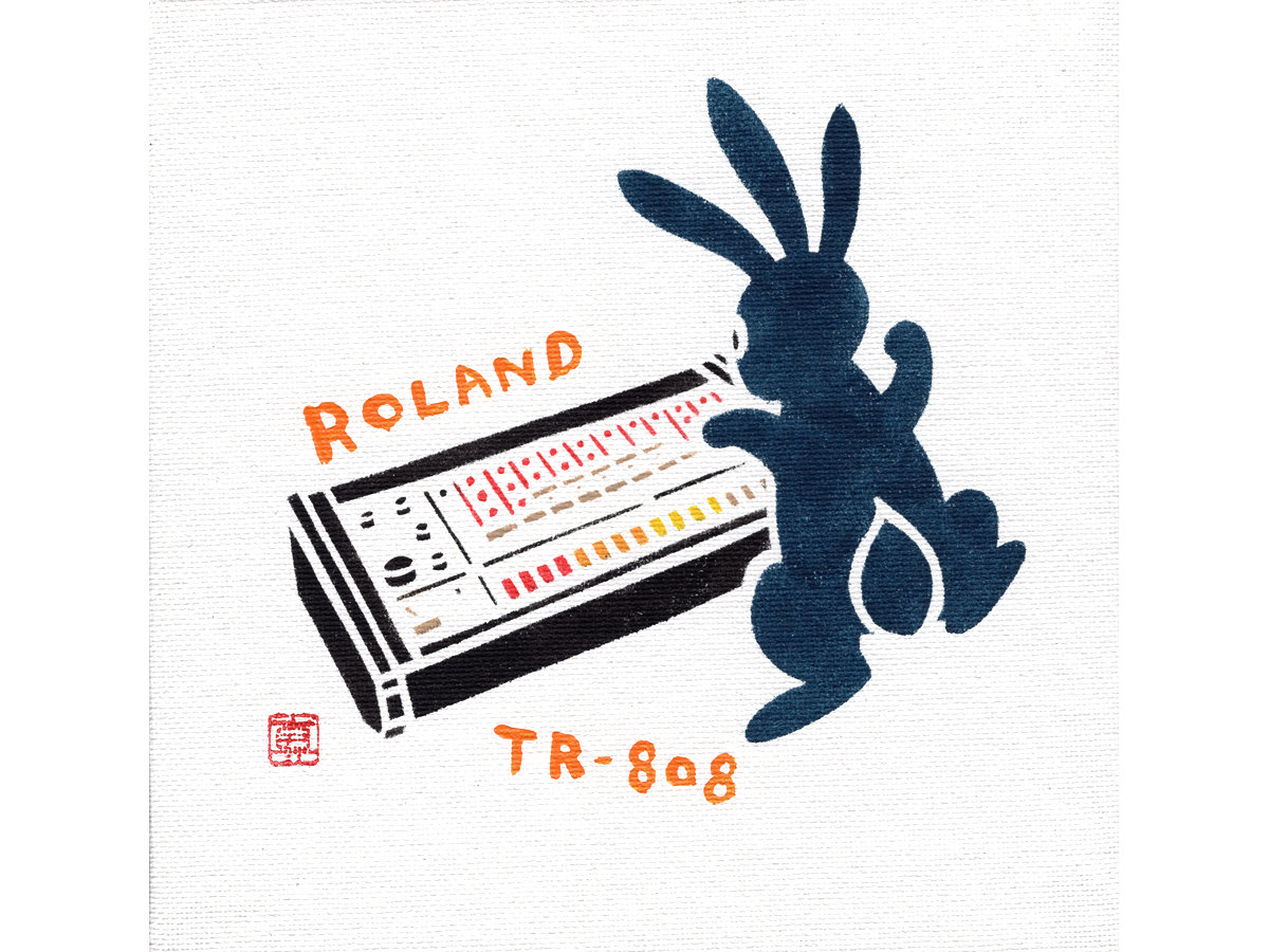 Roland TR-808 Bunny original stencil painting on canvas panel