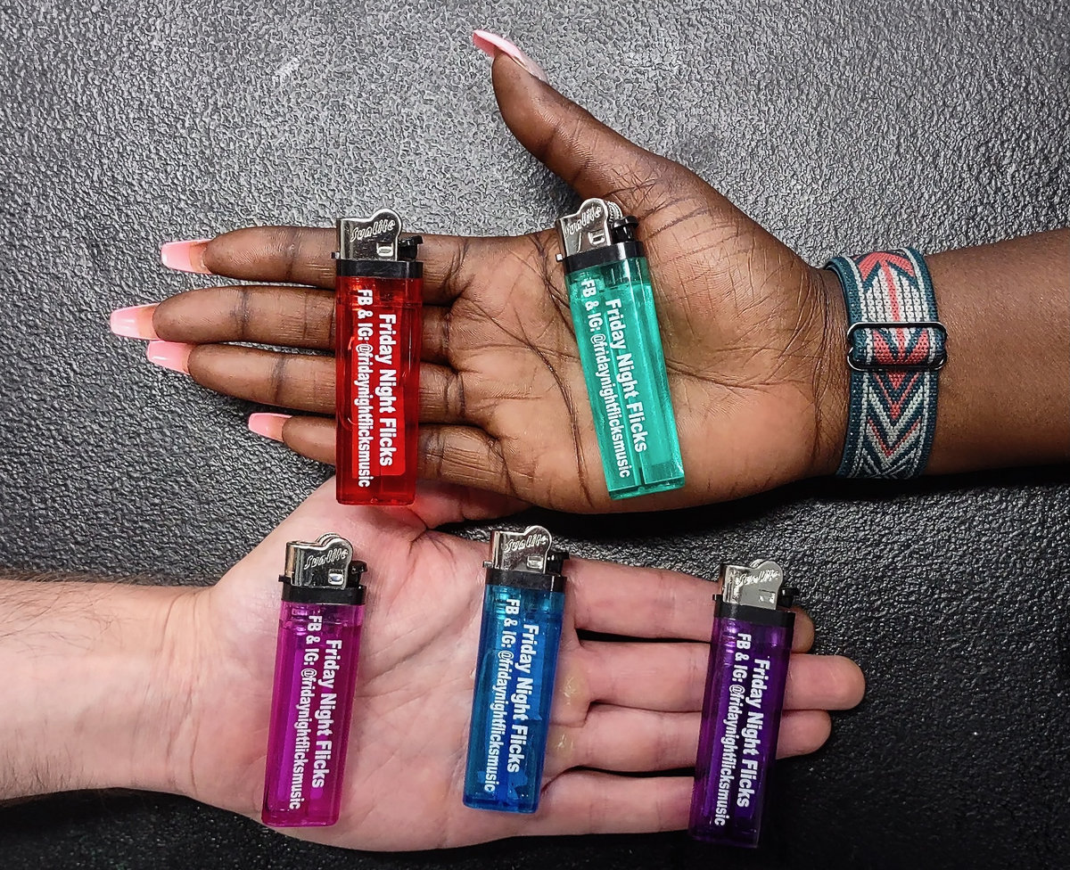 Friday Night Flicks cigarette translucent lighters in green, blue, pink, red, and purple