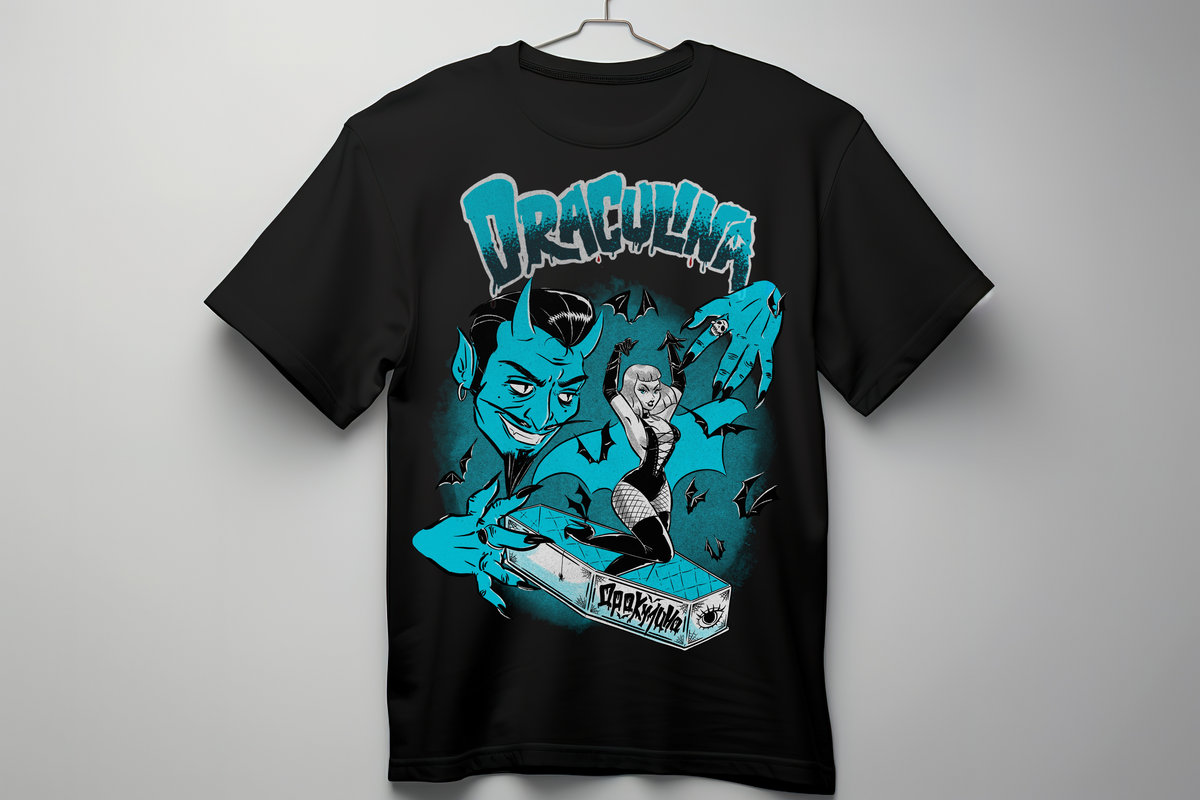 NEW Draculina T-shirt designed by COLOMBIAN PINUP ARTIST RUTTU (BLACK SHIRT) sizes 2XL, 3XL, 4XL