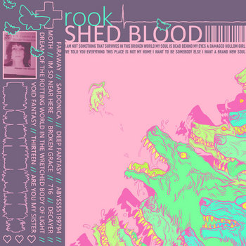 an album cover in pastel pink, at the top a girl looks scared in her passport photo next to the words shed blood, the bottom right has  mouse jumping away from wolves foaming at the mouth. the left has the album track names