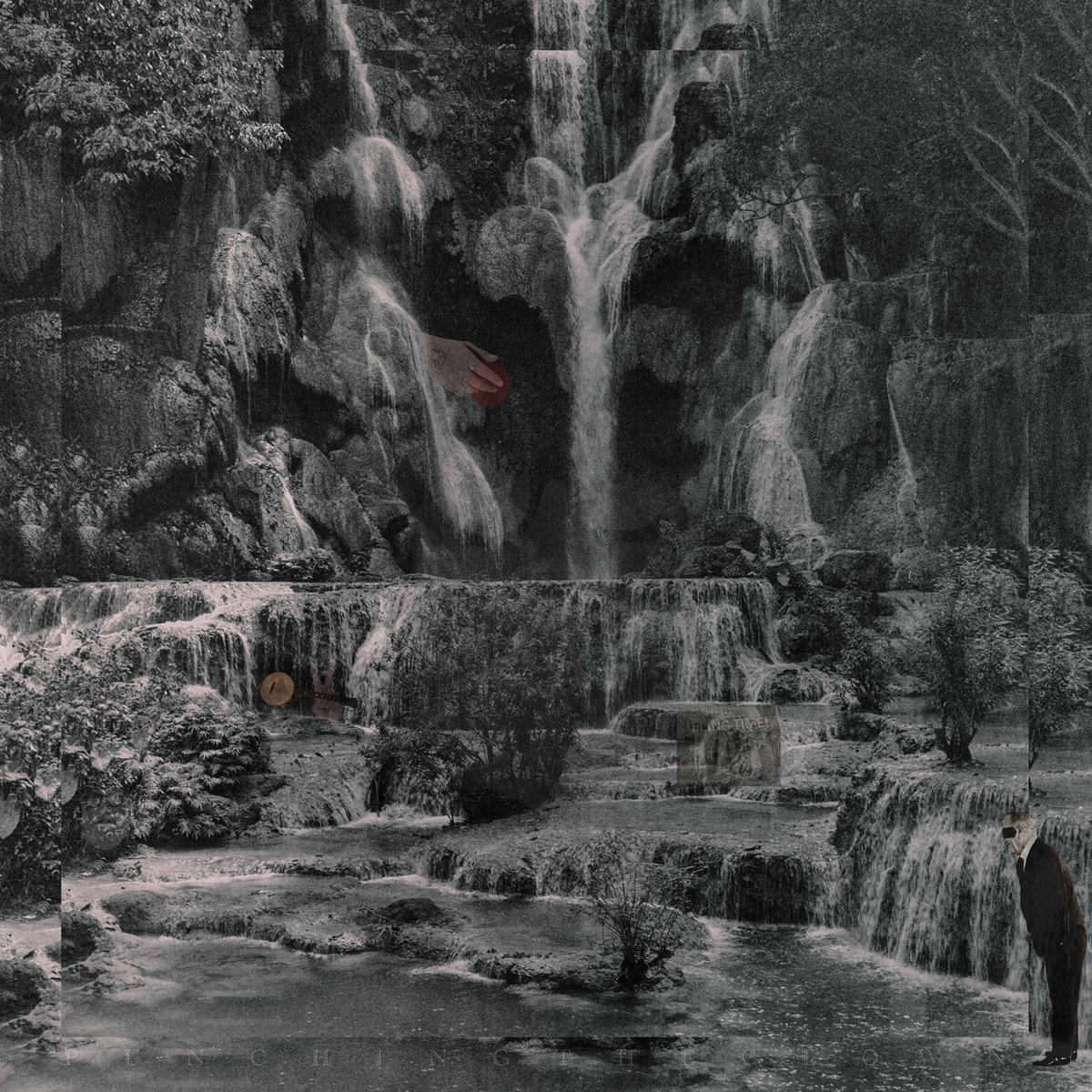 Grainy monochrome waterfall cascading over mossy tiers into terraced pools, collaged with a red-tipped hand, a small banjo, and a suited figure with an obscured face at lower right.