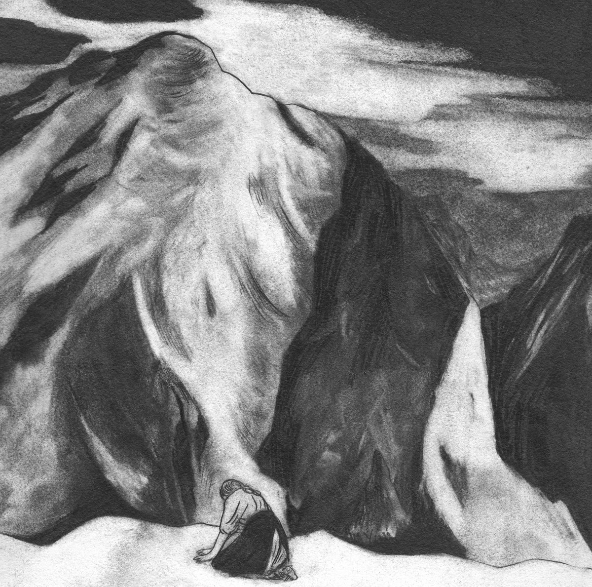 Black-and-white charcoal drawing of a towering mountain under drifting clouds, with a small kneeling figure, hair in a long braid, at its snowy base.