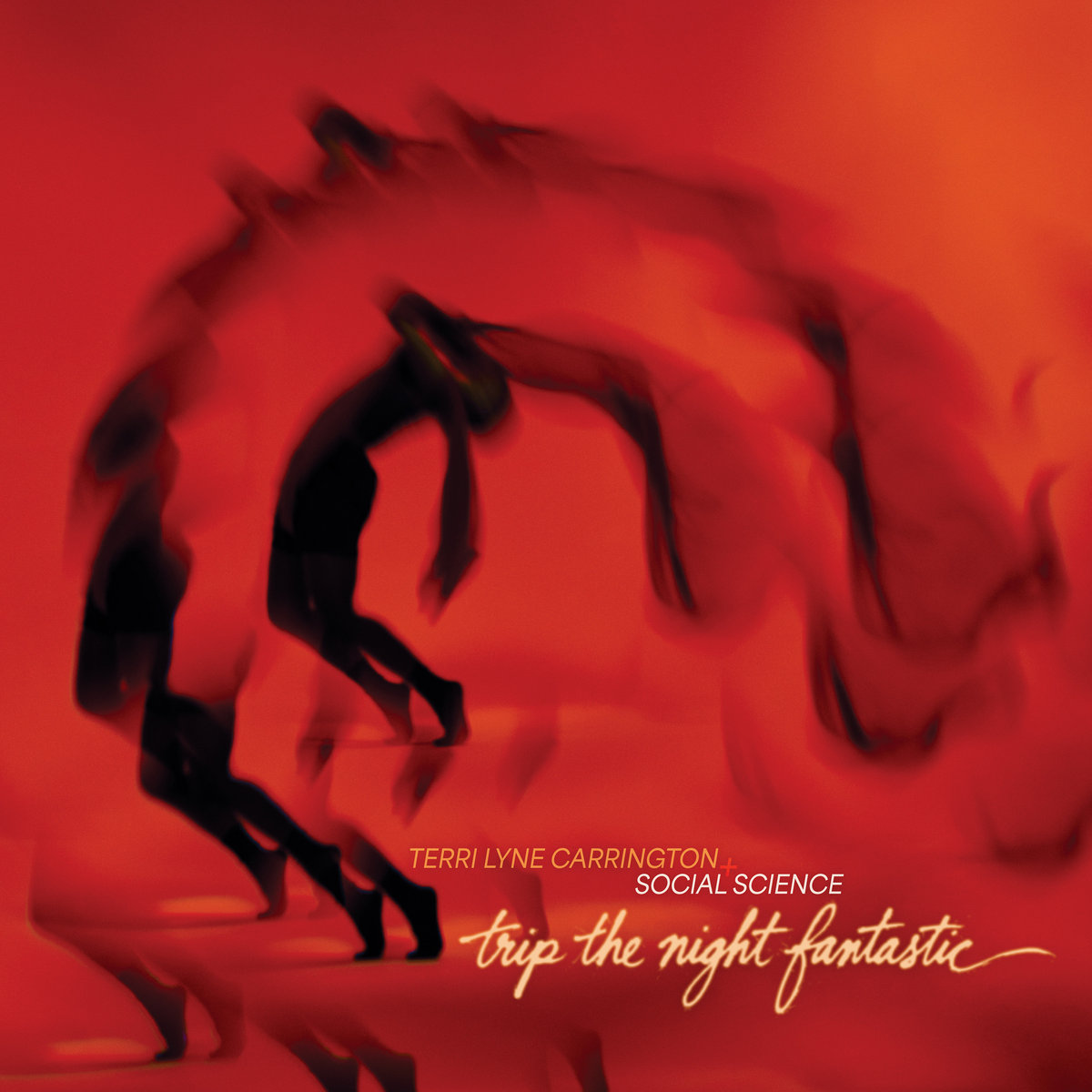 Long-exposure photograph of a dancer, the body smeared into a chain of overlapping dark silhouettes arcing across a saturated red field. Artist name and album title sit at lower right.