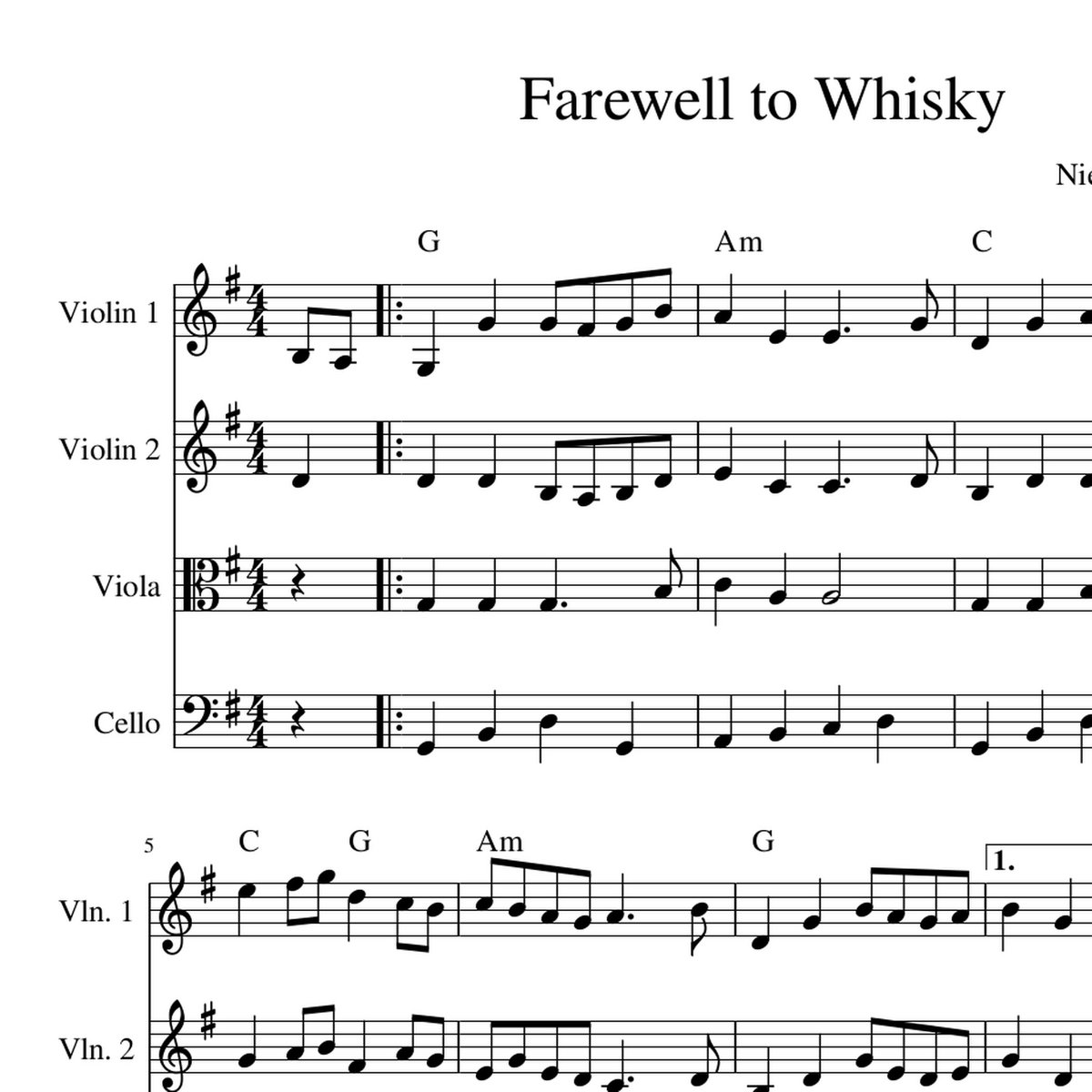 Farewell to Whisky - harmony pdf sheet music - string arrangement