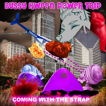 Coming With the Strap cover, combining a Chicago city collage with a cartoon face and purple flying saucer.