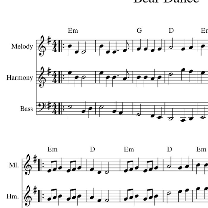 Bear Dance harmony sheet music for violins, and/or viola and cello