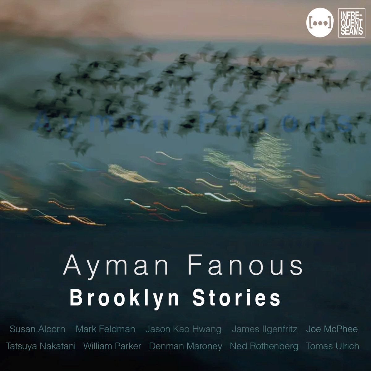 A blurred flock of dark birds over a dusky blue sky, city lights smeared into streaks below. White text reads Ayman Fanous, Brooklyn Stories, above ten collaborators' names.