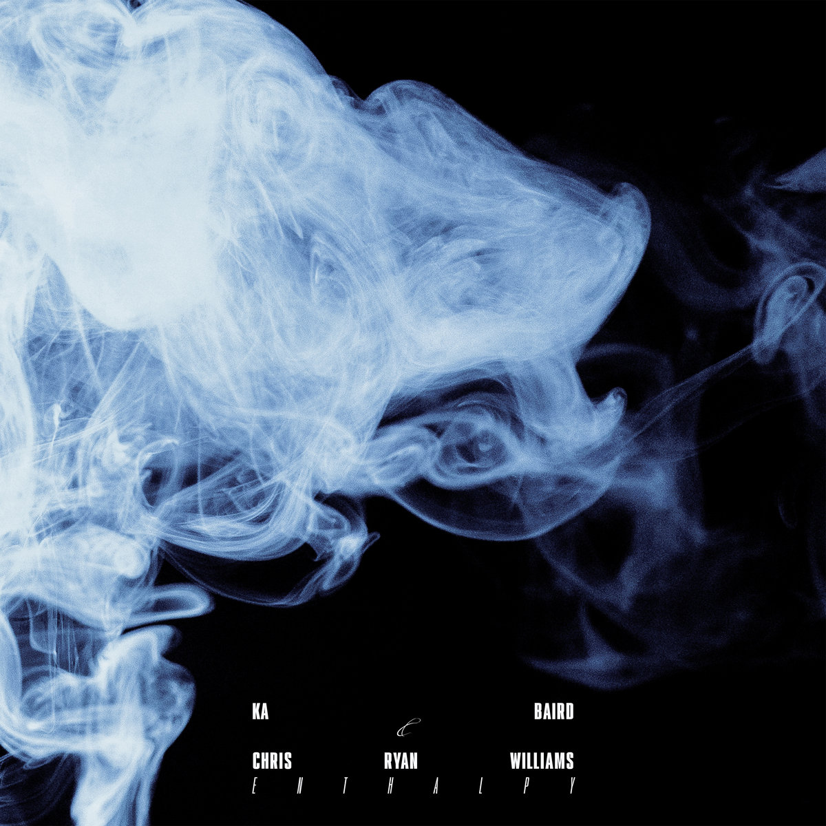 Pale blue smoke billows across a black field, with the artists' names and Enthalpy set in small, widely spaced type near the bottom.