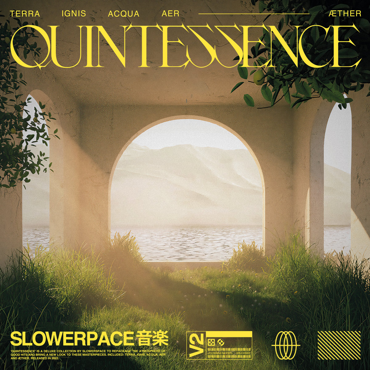 Slowerpace Quintessence cover art. An open architecture with three huge round portals leading out to a sunny seaside.