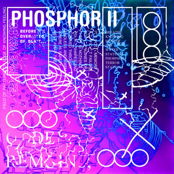 an album cover in blue and pink with an assortment of text on it, half of which is unreadble. the words phosphor 2 coded remains are next to a faded drawing of a moth