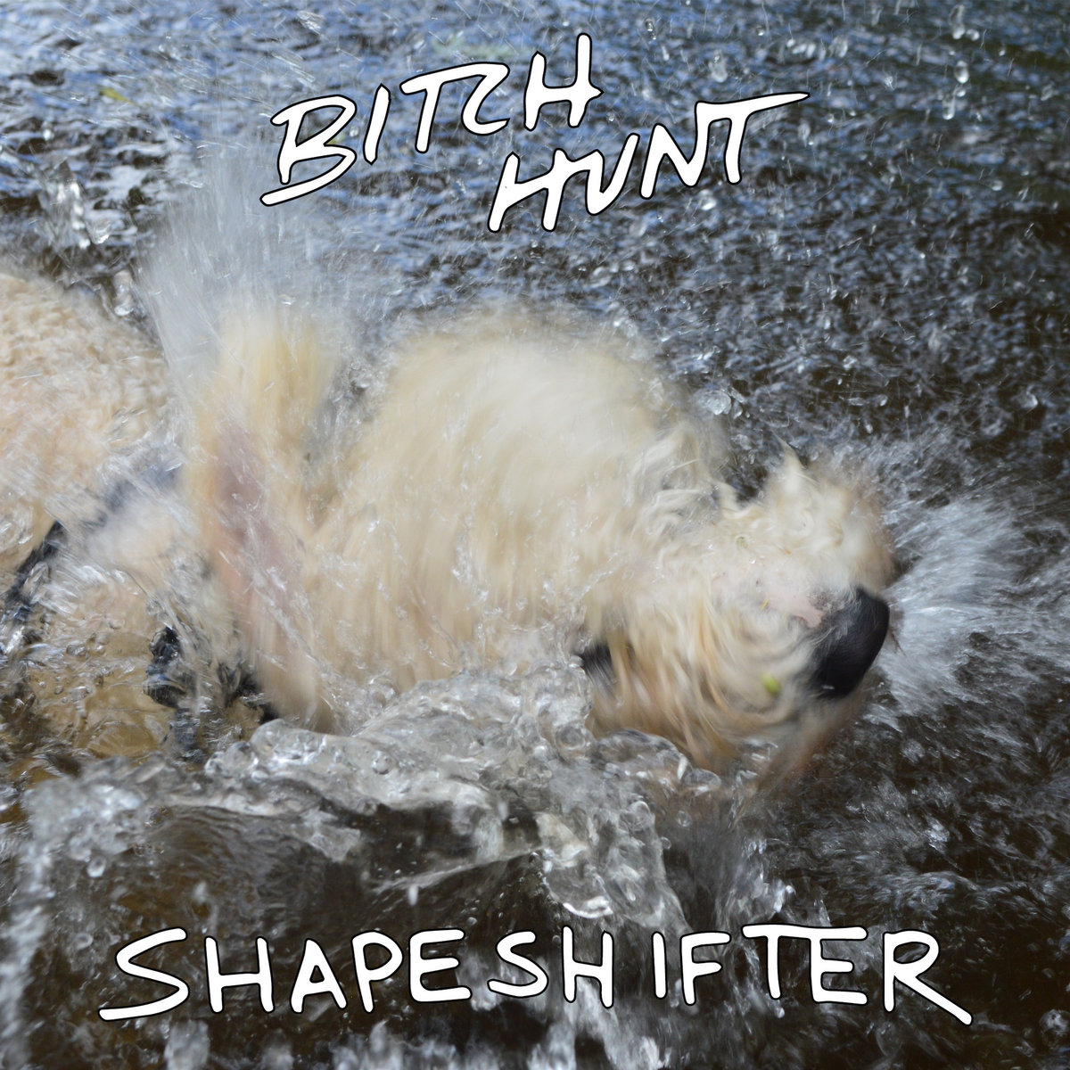 Album art for Bitch Hunt's EP Shapeshifter. A photograph of a cream coloured dog shaking off whilst stood in a shallow river. The dog is so blurred due to movement that it is barely recognisable as such.