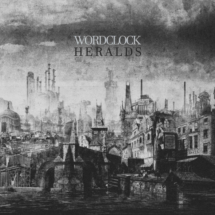 Worldclock Heralds cover artwork. A seemingly drawn image of an old cityscape. Towers,  bridges, industry, clouds.