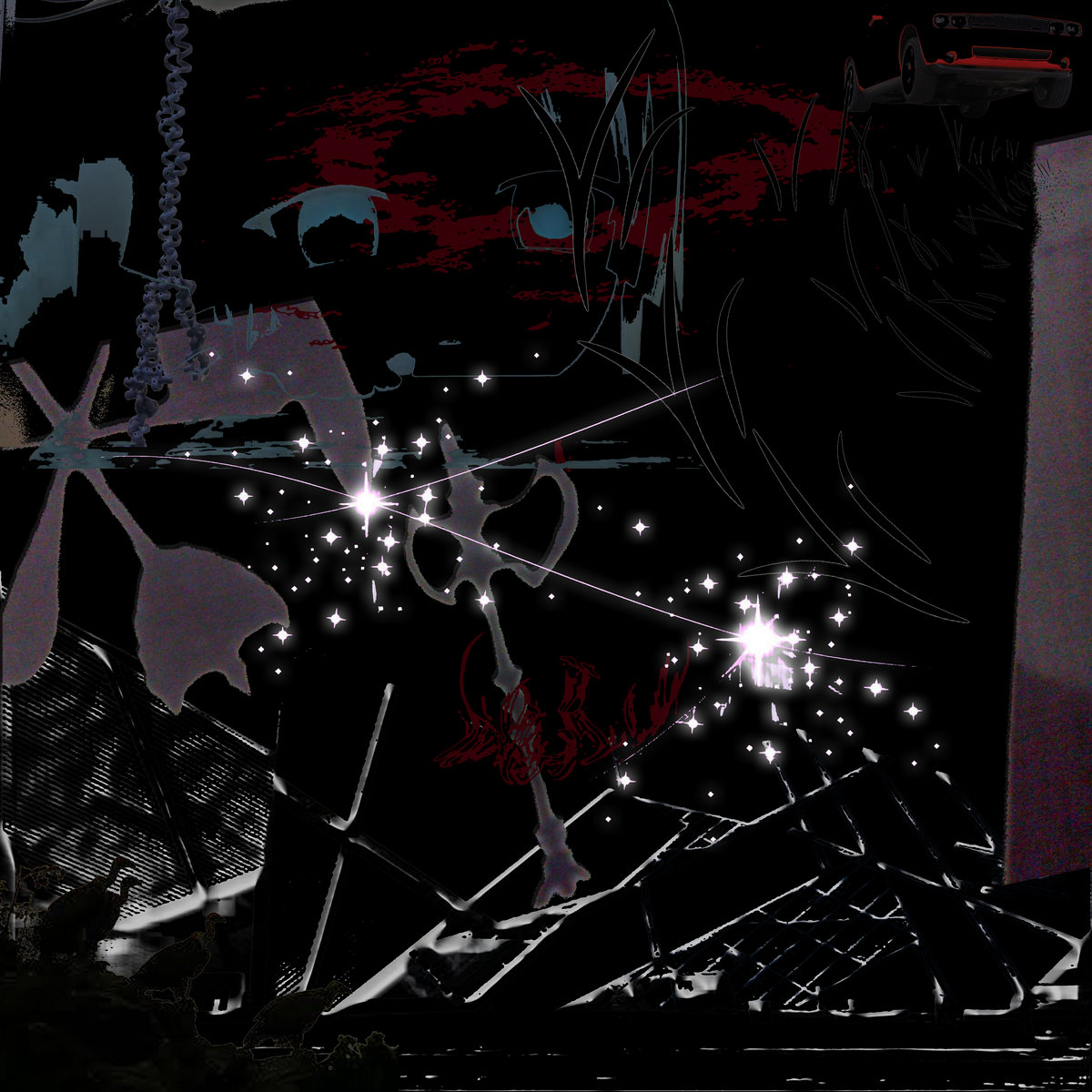 A chokedup voice, signal noise, computer fans whirring softly, then