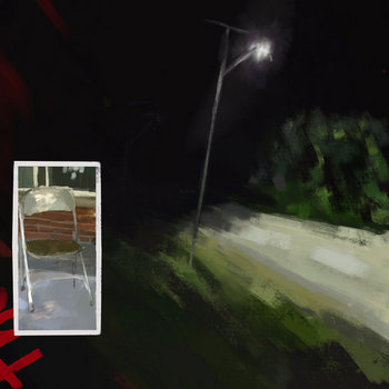 an album cover of a painting, it is of a dark night illuminated by one streetlight, there is a metal fold out chair in the corner