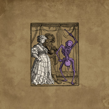 Album cover for Onion Knight's The Bard, with a medieval woman watching a skeleton play the drum.
