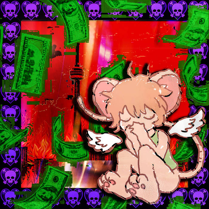 an album cover of a rat praying in front of a burning city, there is a purpe boarder around the city, there is money raining down