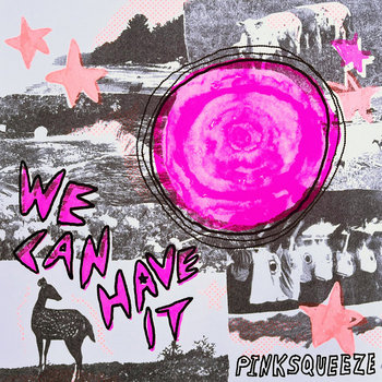 Pink, black and white Pinksqueeze artwork with a large pink circle and the words We Can Have It.