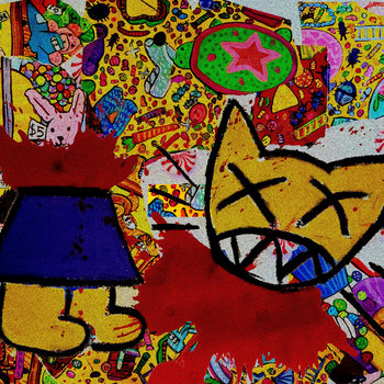 A drawing of a cat-like creature, it is decapitated and there is blood coming out of the neck