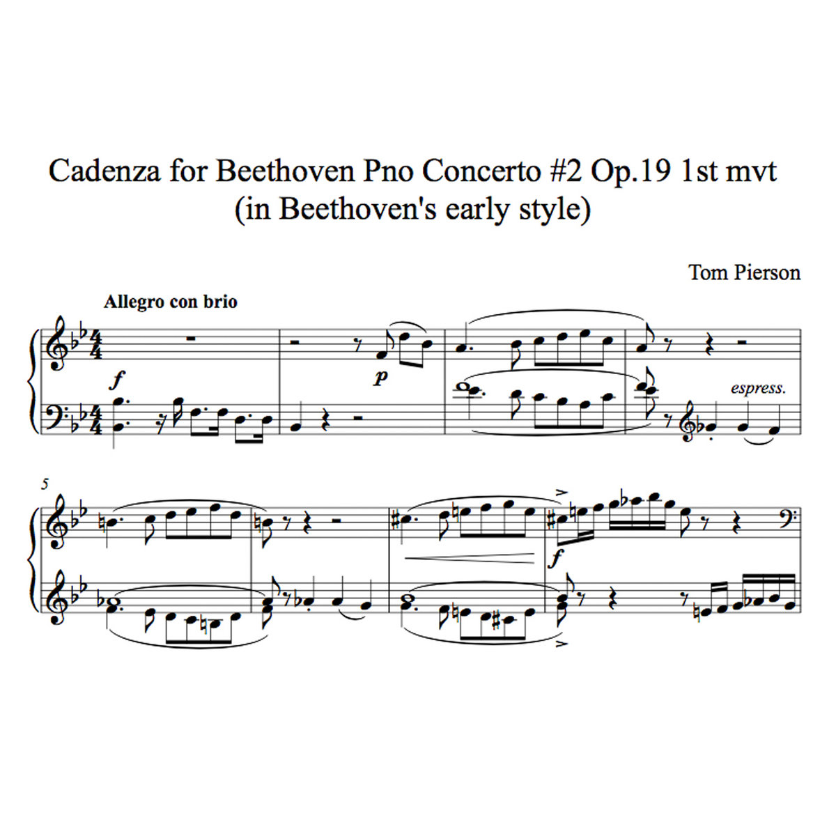 Cadenza for Beethoven Pno Concerto #2 Op.19 1st mvt (in Beethoven's early  style) - free score download | tom pierson : free music