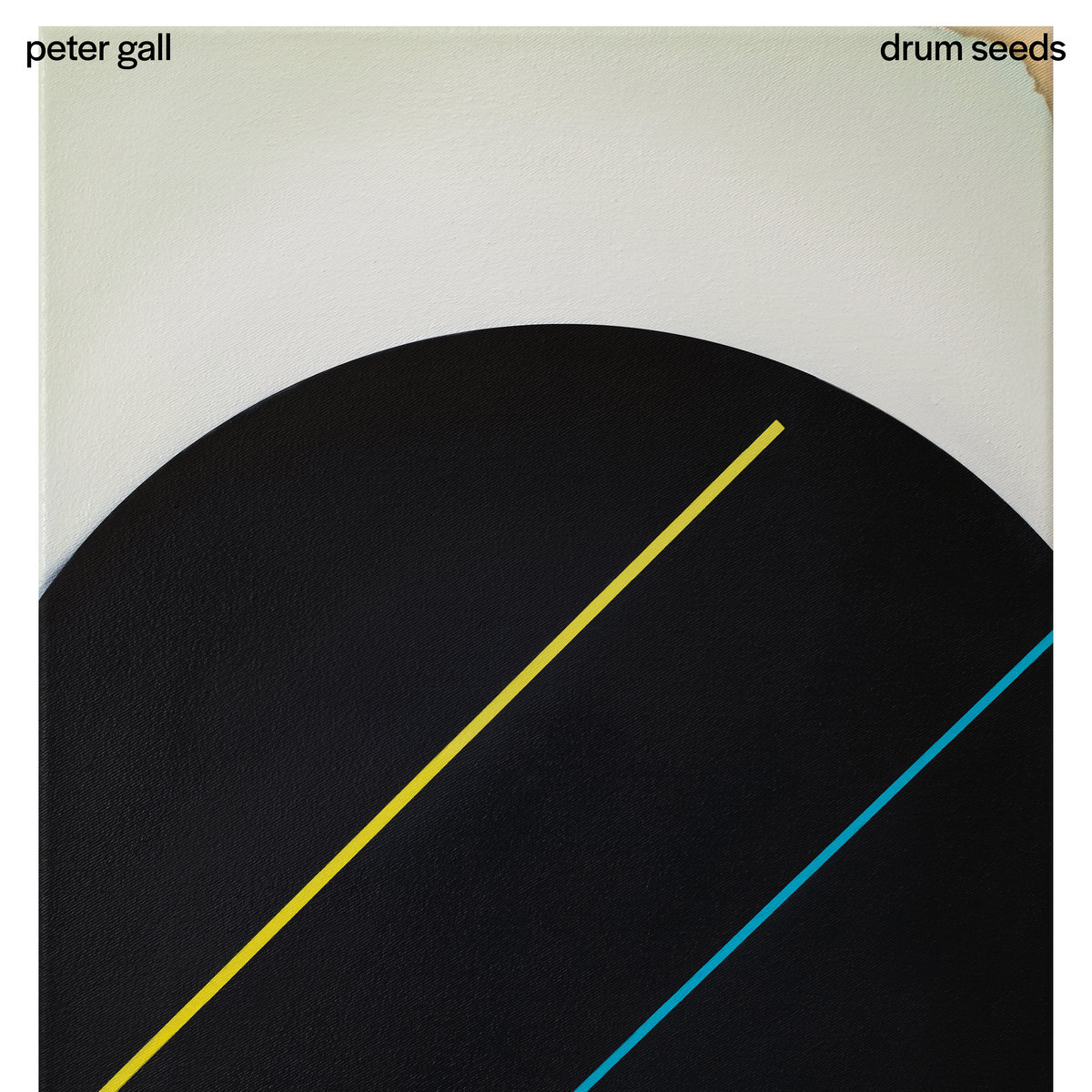 A black circle fills the lower two-thirds of a white painted canvas, crossed by thin yellow and cyan diagonal lines. Lowercase type reads peter gall at top left and drum seeds at top right.